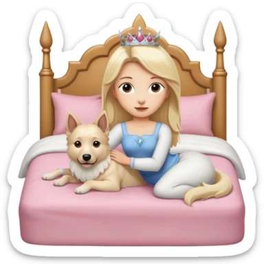White Belgian shepherd dog with Brown eyes sleeping On a Princessbed with a blonde lady with blonde hair sticker