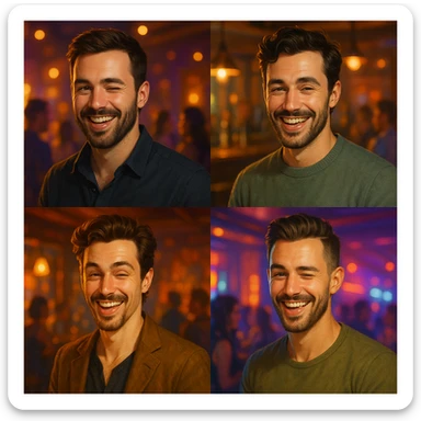 smiling man winking flirting, varied styles, bar or party environment sticker