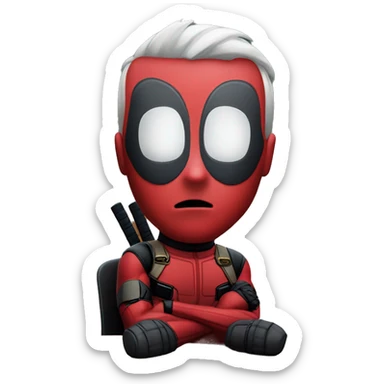 Cute Deadpool sitting at a desk, front view sticker