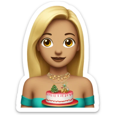 girl with cake and jewelry with christmas tree sticker