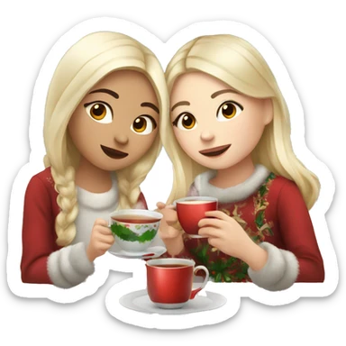 Russian blonde girl and Asian girl drinking tea at Christmas time sticker