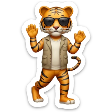 friendly anthropomorphised tiger in casual clothing, wearing dark sunglasses, walking upright in standard pose sticker
