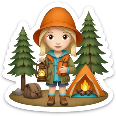 Adorable little girl in camping attire standing beside a tree holding a lantern, looks like it is made of felt texture, scrapbooking style, transparent background sticker