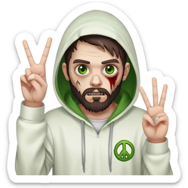 zombie making peace sign, undercut hairstyle with dark brown hair, short full beard, heterochromia with one green eye and one brown eye, wearing plain white hoodie with hood up sticker
