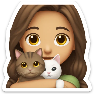 Creat a girl with brown hair and brown eyes smiling holding a cat cuddling it  sticker