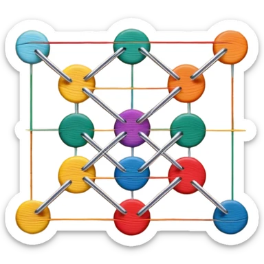 String art icon, colorful threads forming geometric patterns, pins on a board, minimalistic design, clean lines, vibrant colors, transparent background. sticker