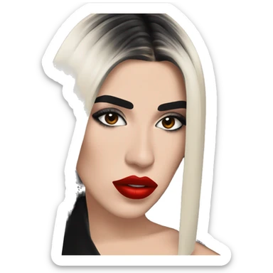 dua lipa with red lipstick, black straight medium long hair, heavy eyeliner sticker