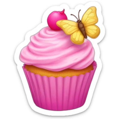 pink cupcake with a happy face and a pink butterfly  sticker