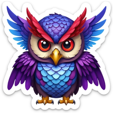 Owl dragon hybrid with wings front facing dark purple and blue and red sticker
