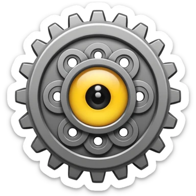 Minimalist emoji-style sticker of a mechanical gear with a realistic eye in the center. Flat graphic icon in grayscale. sticker