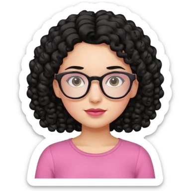 Fair girl with curly black hair and glasses wearing a pink top sticker