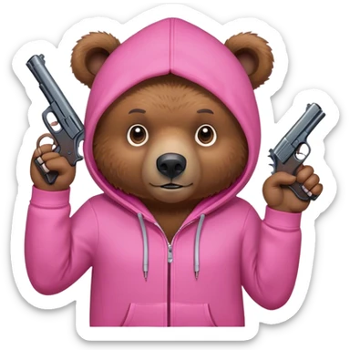 Bear in pink hoodie pointing gun at me sticker
