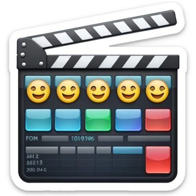 Create an emoji representing video editing. The design should feature a video editing software interface with a visible timeline, video clips, and audio tracks. Include elements like a film strip or a clapperboard to represent the filmmaking aspect. No smiley faces. Make the background transparent. sticker