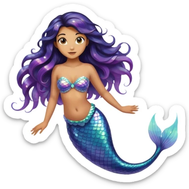 A dark haired mermaid with olive skin, a holographic tail and hazel eyes swimming in ocean sticker