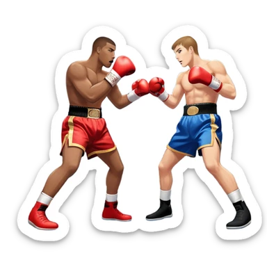  a high-stakes boxing match for the world championship title. Two professional boxers, wearing gloves and championship belts, exchange powerful punches in the center of the ring. The background features a packed arena with bright lights, a roaring crowd, and the championship banner hanging above.  sticker