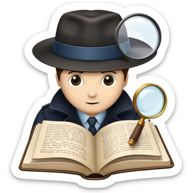 Icon for Detective Reading: an open book with text and a magnifying glass, a detective’s hat and a notebook with clues, surrounded by dark shadows and mysterious elements like footprints. Transparent background. sticker