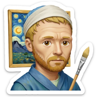 van gogh paints on a canvas. right ear is bandaged. sticker