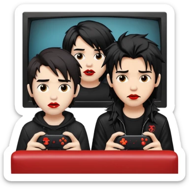 pale Goth boy with a bunch of face piercings, with shaggy dark brown hair, smudged red lipstick next to a Carmel  skin gamer boy with long black hair , they are watching tv together  sticker