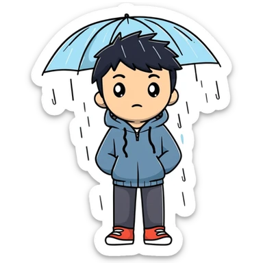 Anime-style teenage boy with dark hair standing in the rain, looking melancholic sticker