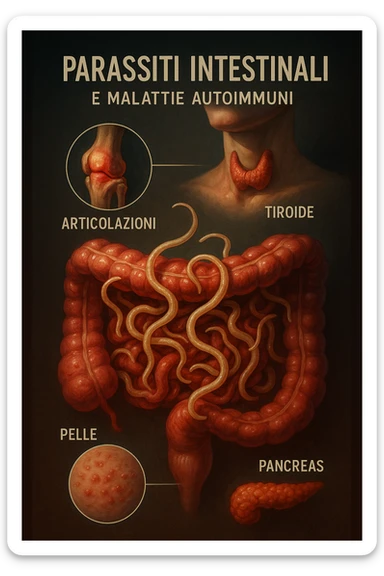 Vertical, realistic, and cinematic illustration in Italian showing intestinal parasites in a very vivid and dramatic way with realistic details and vivid colors. Highlight the affected organs (joints, skin, thyroid, pancreas, intestine) and add captions in Italian linking the parasites to autoimmune diseases. Clinical atmosphere with dramatic lighting and natural depth. Aspect ratio 2:3. sticker