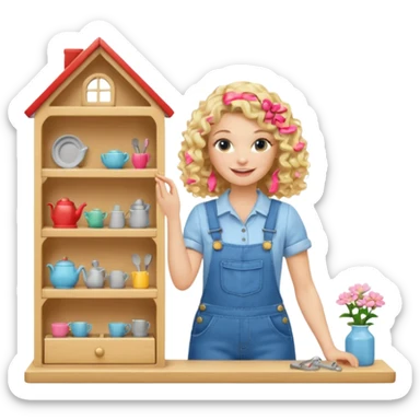smiling blonde curly woman arranging furniture in doll house with overalls sticker