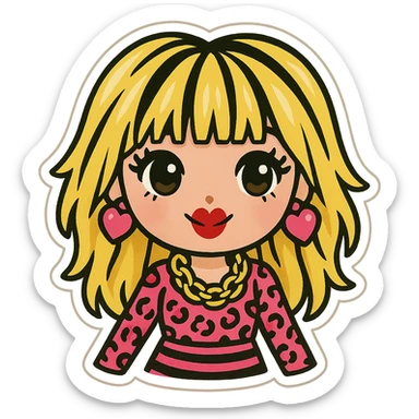 Betsey Johnson style emoji, wearing statement jewelry, bright patterns, fun and chic fashion sticker