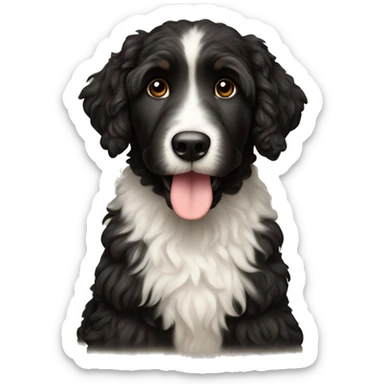 Black bernadoodle dog with brown sticker