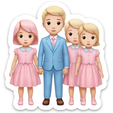 triplet toddlers with two girls in pastel pink clothes on each side and a boy in pastel blue suit in the middle sticker