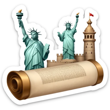 icon featuring an ancient scroll, quill pen with famous historical landmarks and monuments like the Great Wall or the Statue of Liberty in the background. Historical figures are depicted as statues, symbolizing the study of history. Transparent background highlights the legacy of past civilizations. sticker