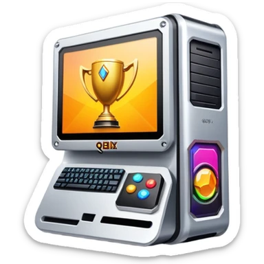 Gaming computer with qbix88 logo, popular online gaming platform with trophy and expert player badge sticker