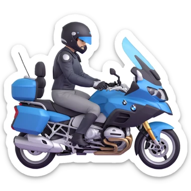BMW R 1200 RT touring motorcycle with rider wearing helmet sticker