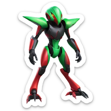a shiny black-green-red Genesect-Flygon-Raptor-Fakémon-Medabot-hybrid with a futuristic visor-helmet full body sticker