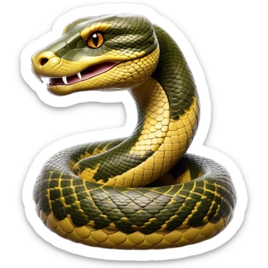 Cinematic Noble Anaconda Portrait Emoji, Poised and imposing, with a massive, sinuous build draped in intricately patterned scales and piercing, focused eyes, Simplified yet sharp and sophisticated features, highly detailed, glowing with a soft, earthy glow, high shine, intelligent and formidable, stylized with an air of primal elegance, focused and mysterious, soft glowing outline, capturing the essence of a watchful jungle guardian that feels as though it could coil out of the screen with effortless authority! sticker
