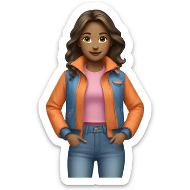 A girl wearing blue orange jacket with pink jeans sticker