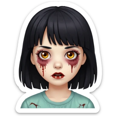Zombie girl, black hair with bangs, slightly wavy, layered haircut,long hair,long eyelashes, black eyes,iOS style sticker