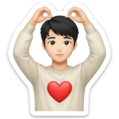 Black-haired male idol making a heart shape with his arms above his head, K-pop style sticker