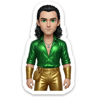 Loki from Norse Mythology with green eyes, long black hair, green metallic shirt, gold metallic baggy pants, silver necklace sticker