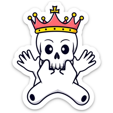 A shocked skull with a crown on top, both hands raised pressing on its head in disbelief, black and white sticker