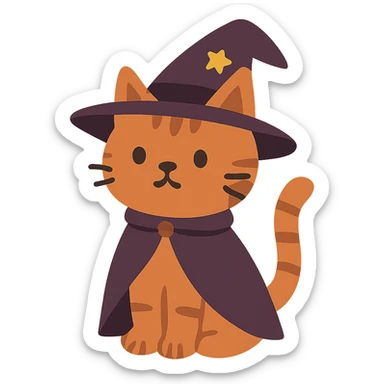 flat toon style wizard cat with pointy hat and cape sticker