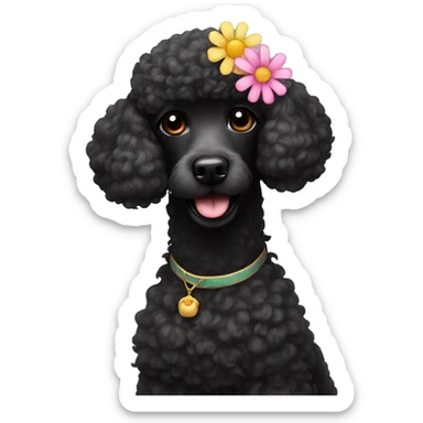Black poodle with flower on head sticker