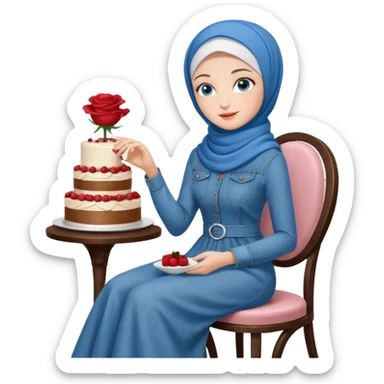 Turkish beautiful finish Konya girl blue eyes with denim hijab long tail dress and sits on the modernized white coffee house on a white chair and holds rose cake with her hand  sticker