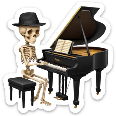 a human skeleton in anatomical proportion wears a black hat and plays the piano sticker