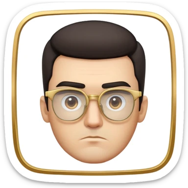 Square-faced man with thick eyebrows, short dark hair with faded sides, slight scruff, serious expression, large square gold-rimmed glasses sticker