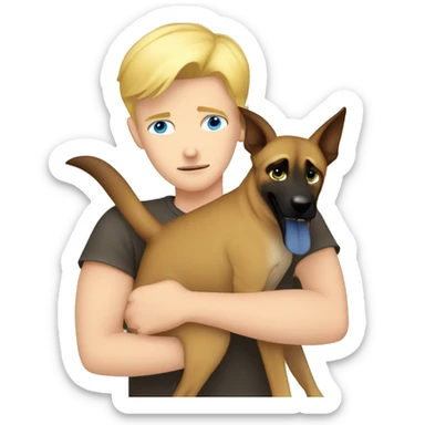 blond boy with blue eyes who hugs his Malinois tightly because he is afraid  sticker