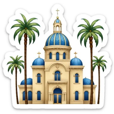 California Building with ornate blue, gold, and green tile dome and adjoining slender California Tower, Spanish Colonial Revival style, baroque details, palm trees, simple, no text, white background, version 4 sticker