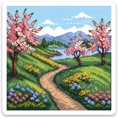 Spring landscape with blooming cherry trees, colorful flowers, and green grass sticker