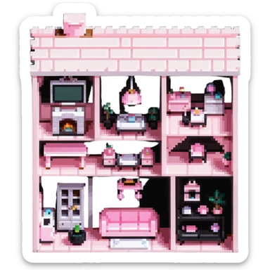 cute pastel pink dollhouse with miniature furniture sticker