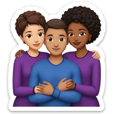  middle Eastern man with short brown hairwith two black african women both are African one is medium tone skin black and one is medium tone black with african hair styles. and they are all smiling and putting their arms around each other and kissing and hugging. sticker