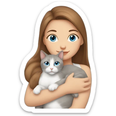 light gray, blue eyed cat cuddles brown highlighted colored girl sticker
