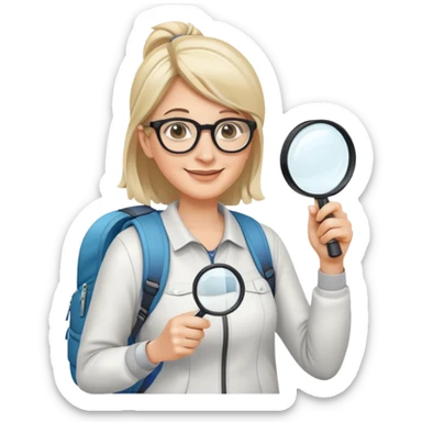 Happy woman in her 40s with glasses, sporty outfit, backpack, holding only one magnifying glass in one hand sticker